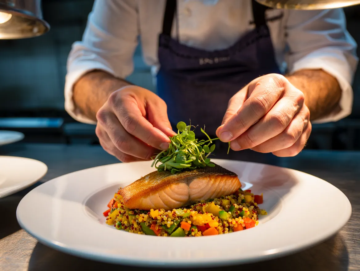Chef garnishing a beautifully plated dish