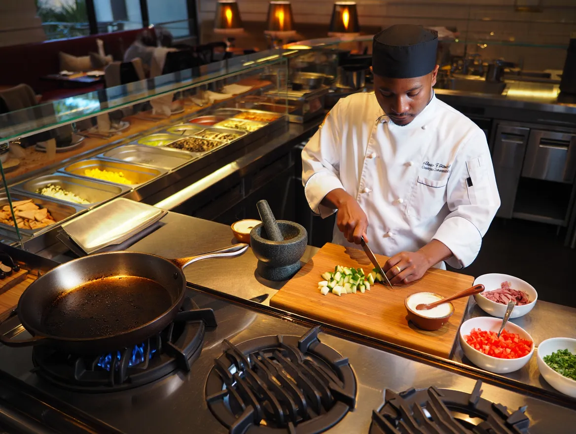 Interactive food station with chef preparing dishes