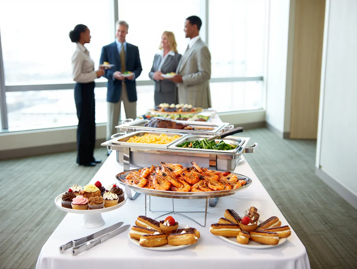 Corporate catering setup with elegantly presented food