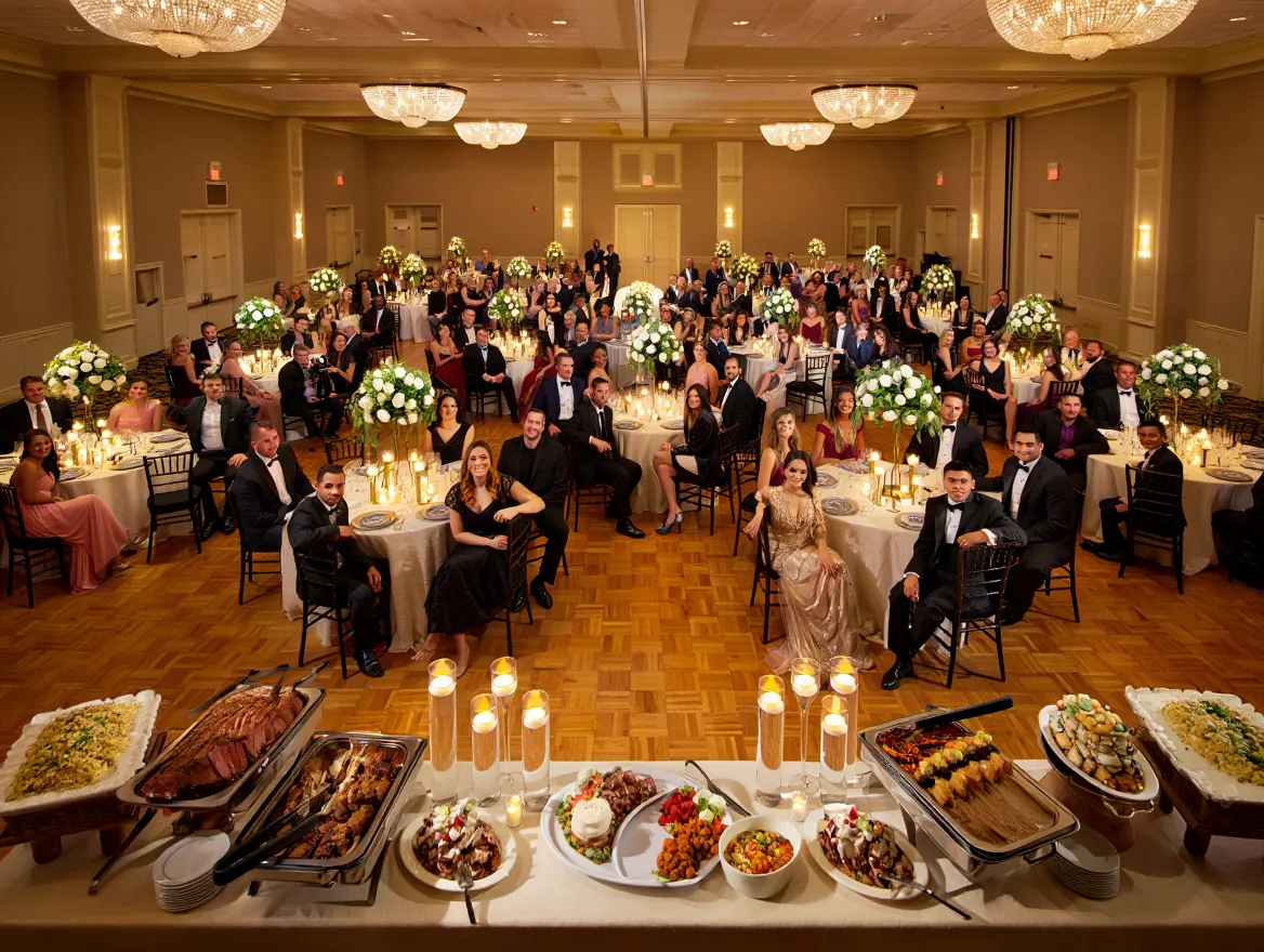 Wedding reception with beautifully decorated tables and catering